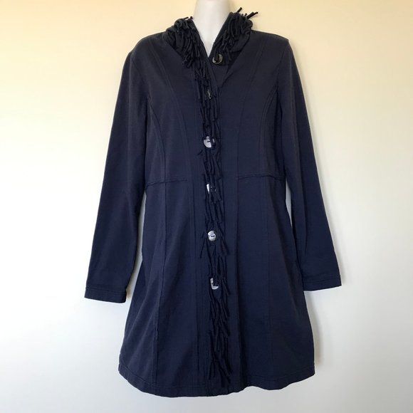 Neon Buddha Navy Blue Hooded Fringed 3/4 Length Jacket Tunic Button Front Top - Picture 2 of 6
